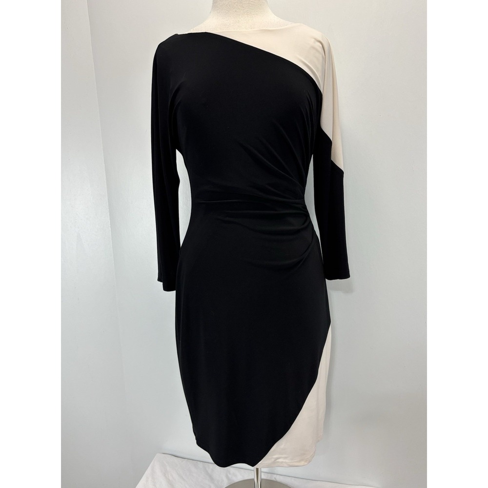 Lauren Ralph Lauren Asymmetrical Sheath Dress Women's 10 Black Ivory Ruched Side